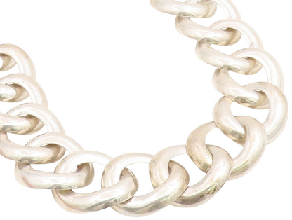 925 Sterling Silver Vintage Necklace MEXICO Chunky Oval Cuban Link Choker NE4788
