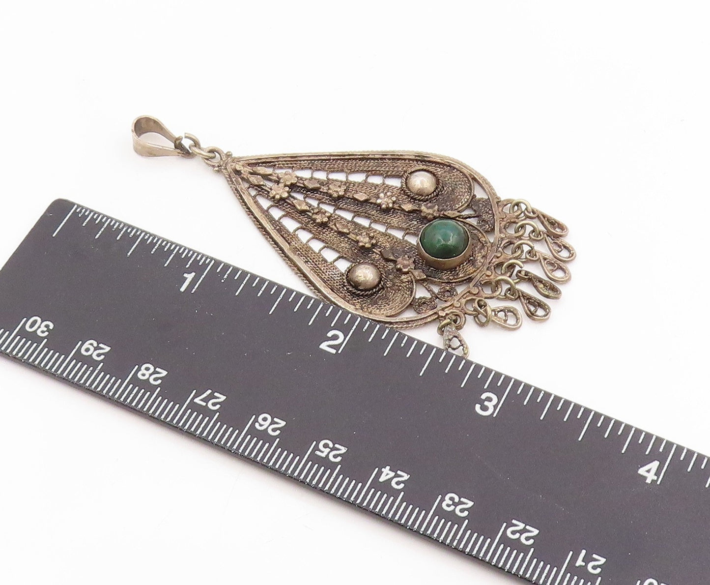 925 Sterling Silver Vintage Pendant Round Malachite Intricate Chandelier PT25449