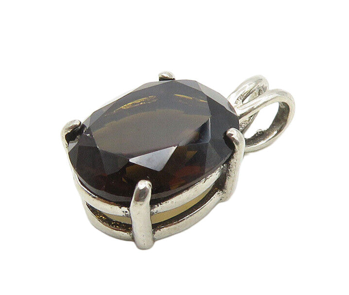 925 Sterling Silver  Vintage Prong Set Faceted Smoky Topaz Pendant  PT13993