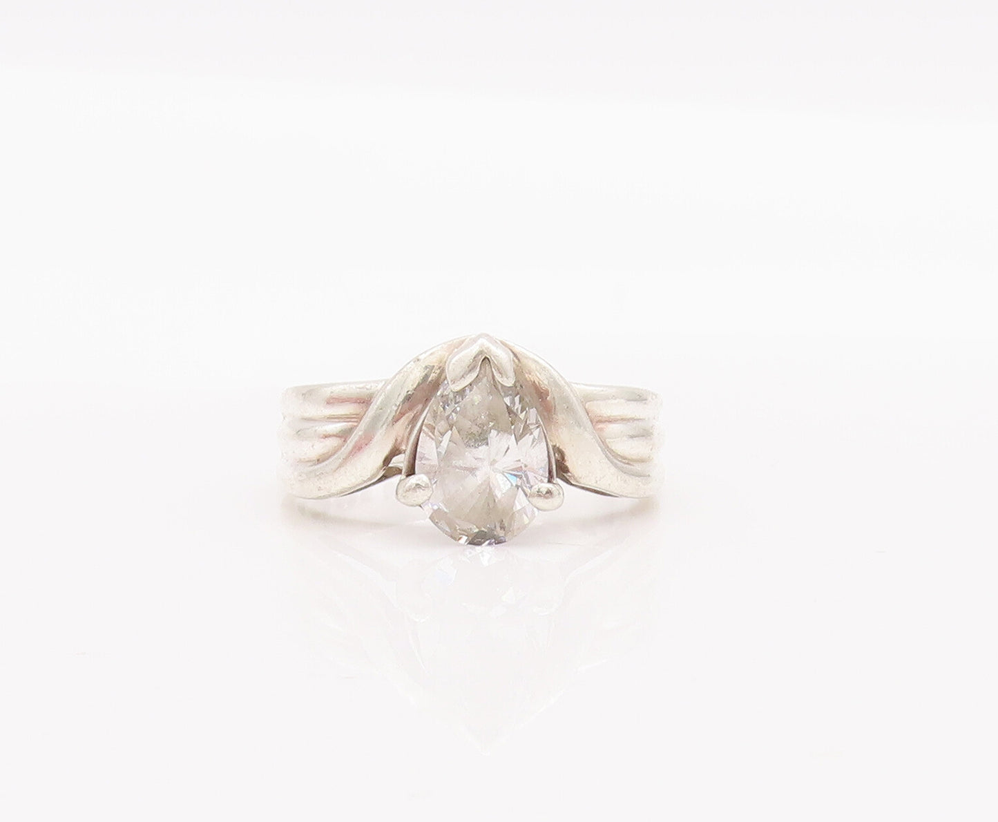 925 Sterling Silver Vintage Ring Solid Carved Drop Cut CZ  Sz 6.5  RG28307