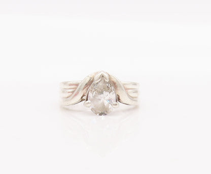 925 Sterling Silver Vintage Ring Solid Carved Drop Cut CZ  Sz 6.5  RG28307