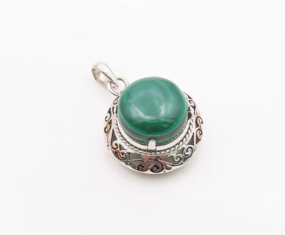 925 Sterling Silver  Vintage Cabochon Malachite Open Scroll Pendant  PT20877