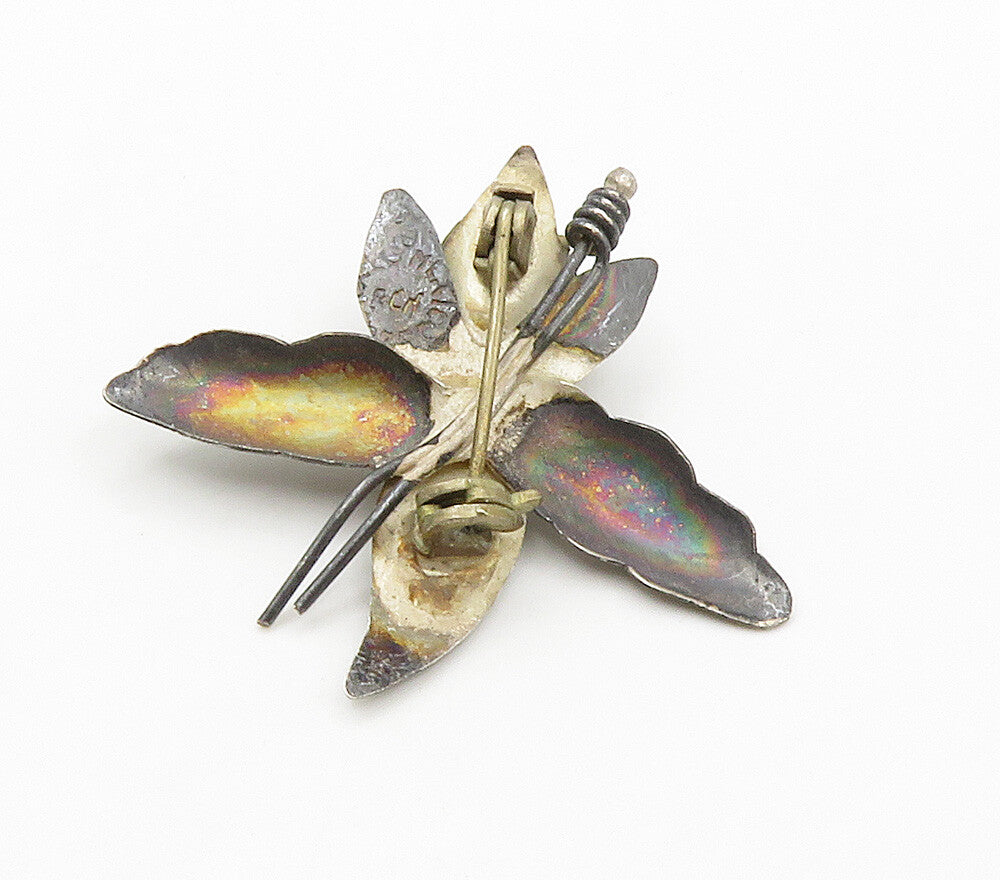 MEXICO 925 Sterling Silver  Vintage Dark Tone Flower Motif Brooch Pin  BP6133