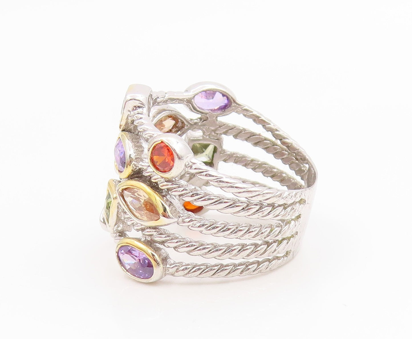 925 Sterling Silver Vintage Ring Multi Gemstone Twisted Cable  Sz 7.5  RG35667