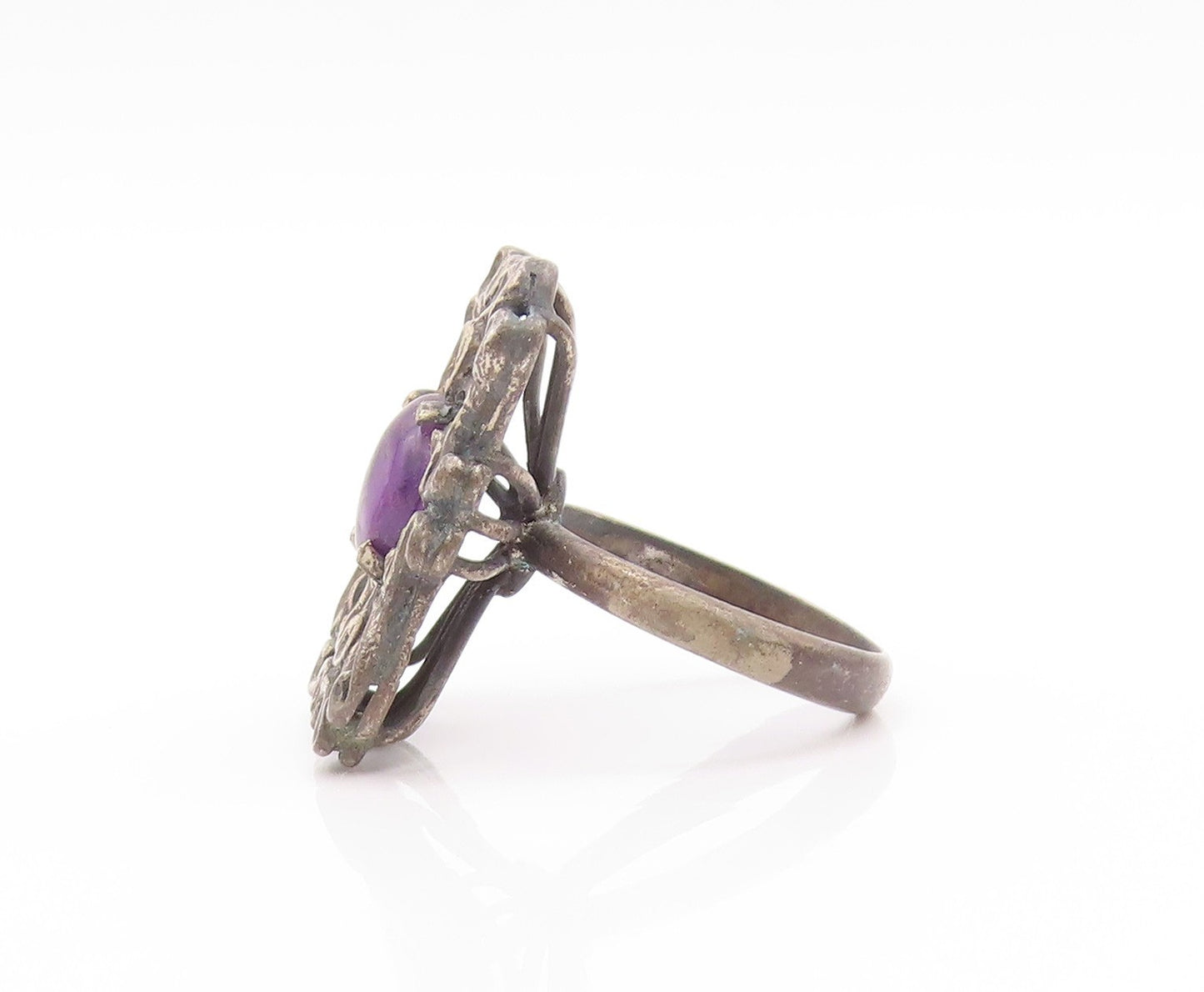 925 Sterling Silver Vintage Ring Antique Design Cabochon Amethyst  Sz 9 RG32994