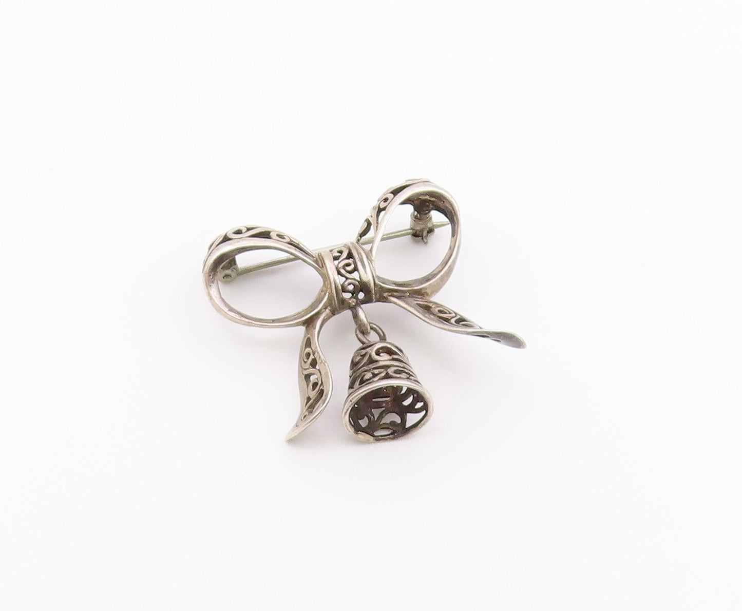 925 Sterling Silver  Vintage Bow Tied Swirl Ribbon & Bell Brooch Pin  BP7477