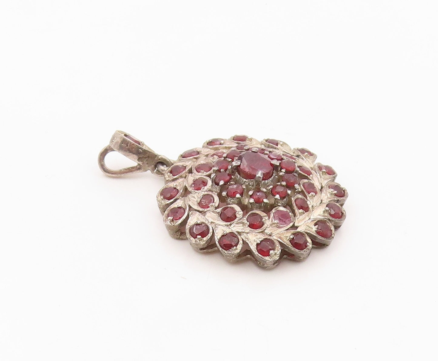 925 Sterling Silver Vintage Pendant Garnet Bohemian Floral Starburst  PT26330