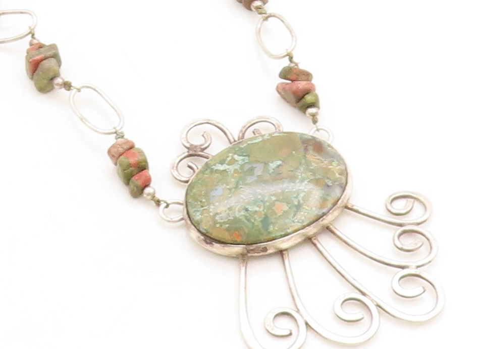 DESIGNER 925 Sterling Silver  Vintage Jasper Beaded Chain Necklace  NE1907