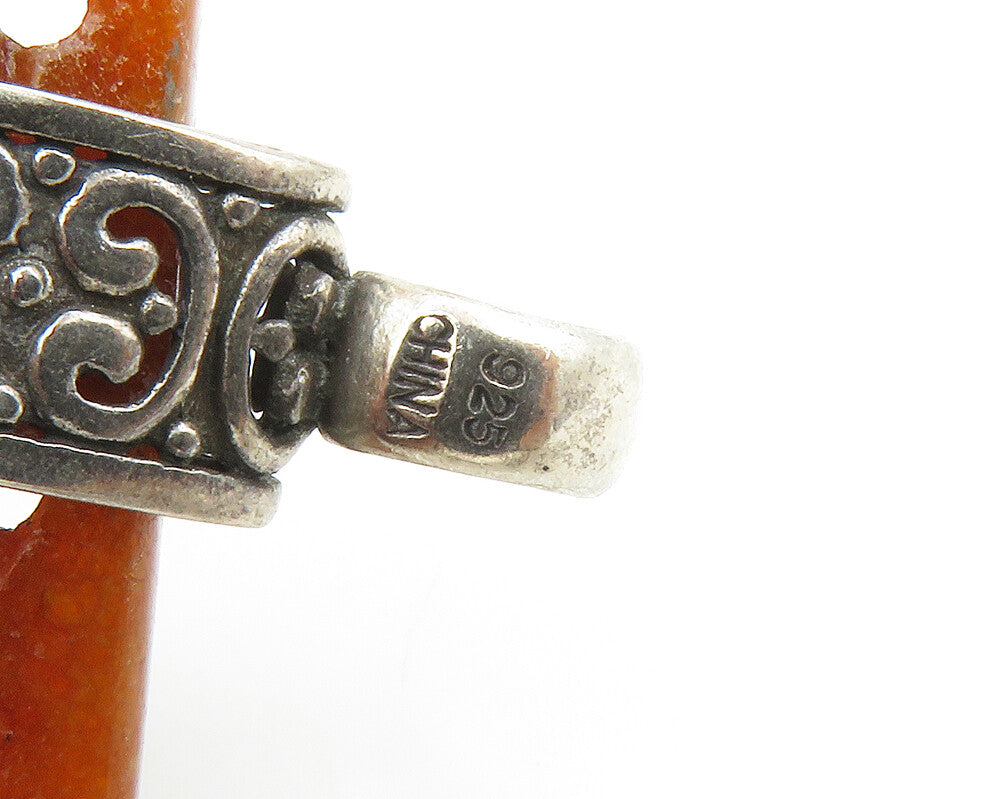 925 Sterling Silver  Vintage Elephant Scene Carved Red Jade Pendant  PT10663