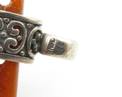 925 Sterling Silver  Vintage Elephant Scene Carved Red Jade Pendant  PT10663