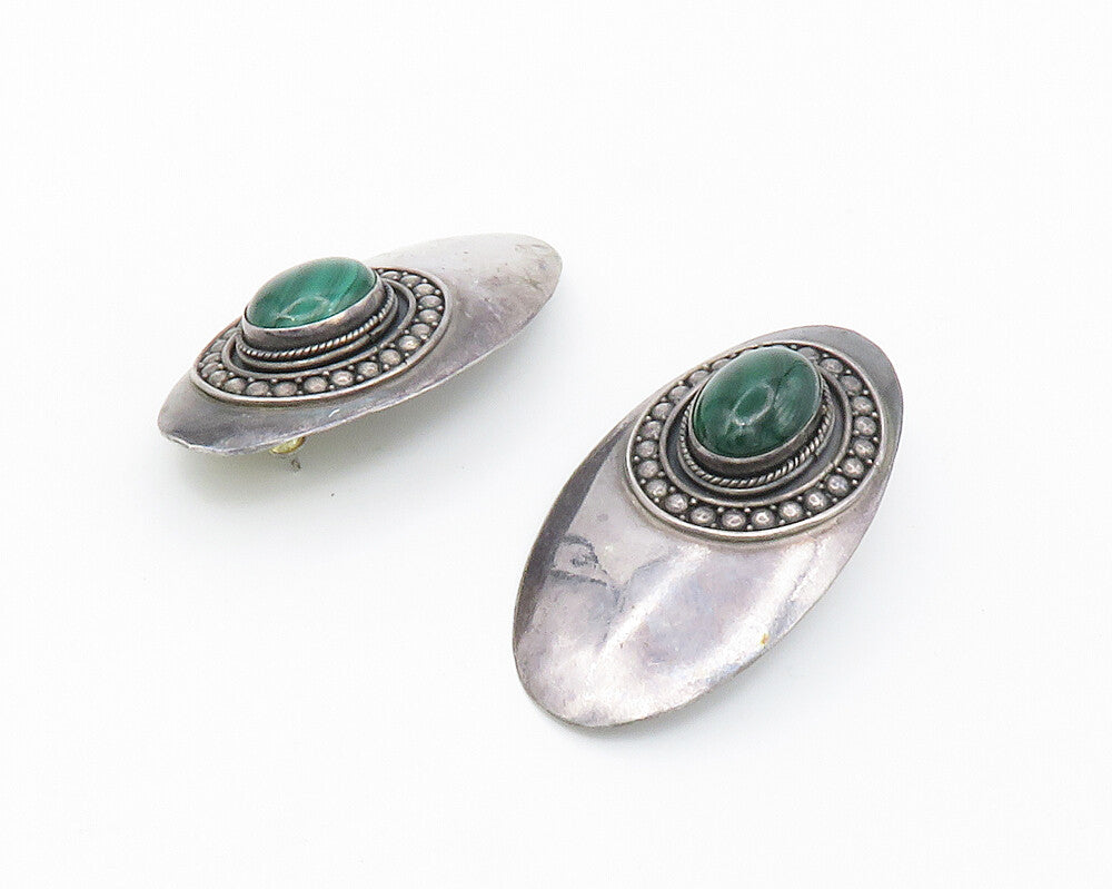 925 Sterling Silver   Vintage Cabochon Cut Malachite Drop Earrings  EG7455