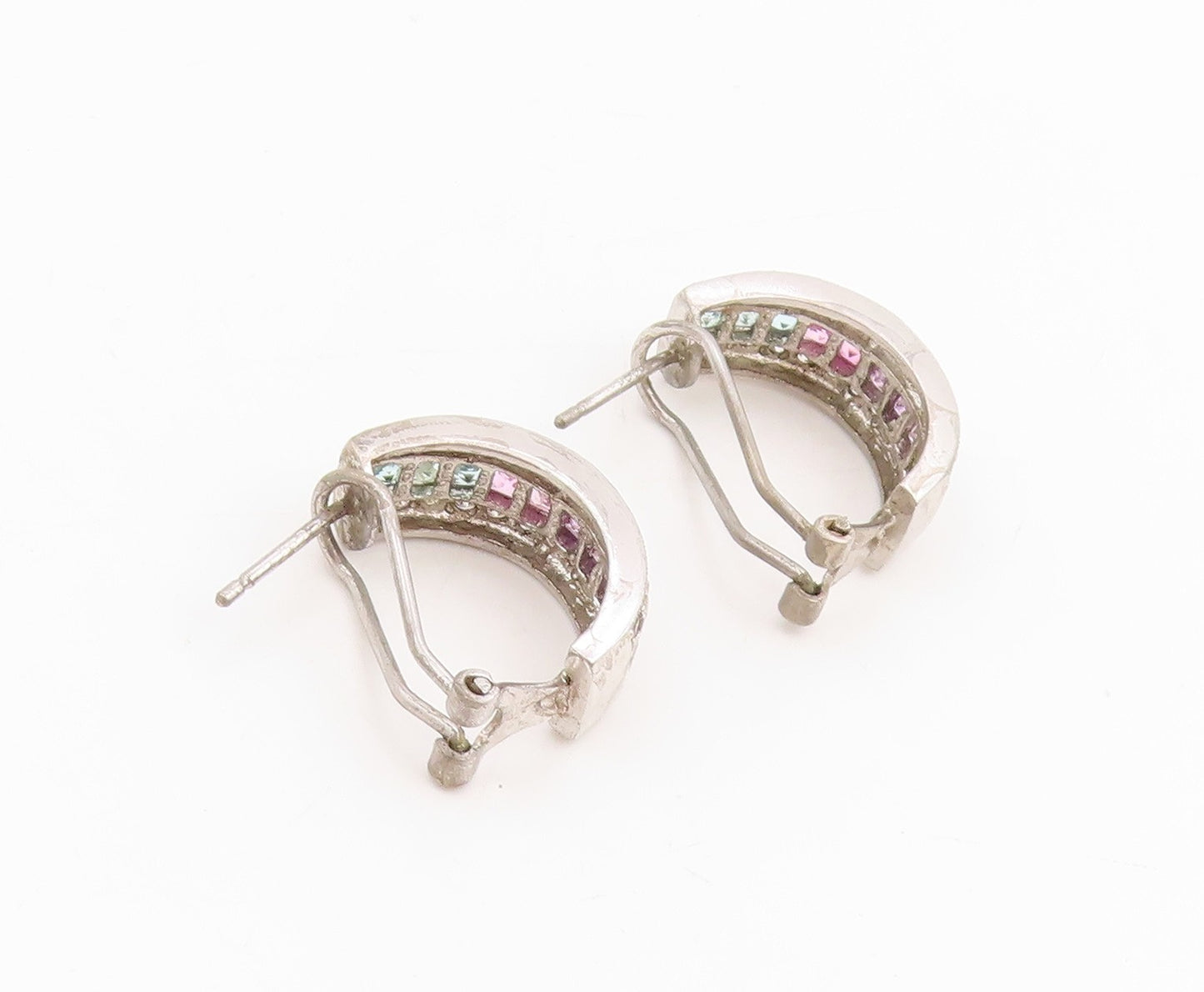925 Sterling Silver Vintage Earrings Multi Gemstone Channel Set Hoops  EG13740