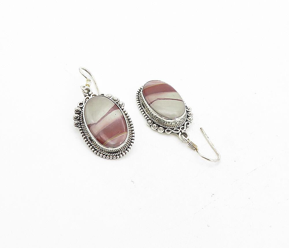925 Sterling Silver Vintage Agate Shiny Twist Border Dangle Earrings EG4232