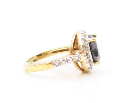 925 Sterling Silver Vintage Ring Gold Plated Sapphire Halo Topaz  Sz 7  RG31863