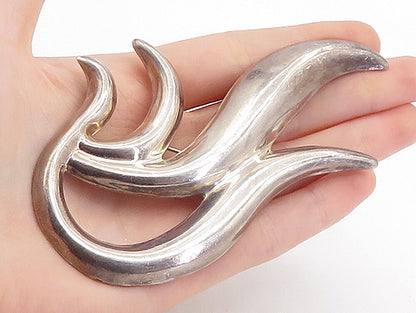 MEXICO 925 Sterling Silver  Vintage Shiny Large Hollow Swirl Brooch Pin BP2628