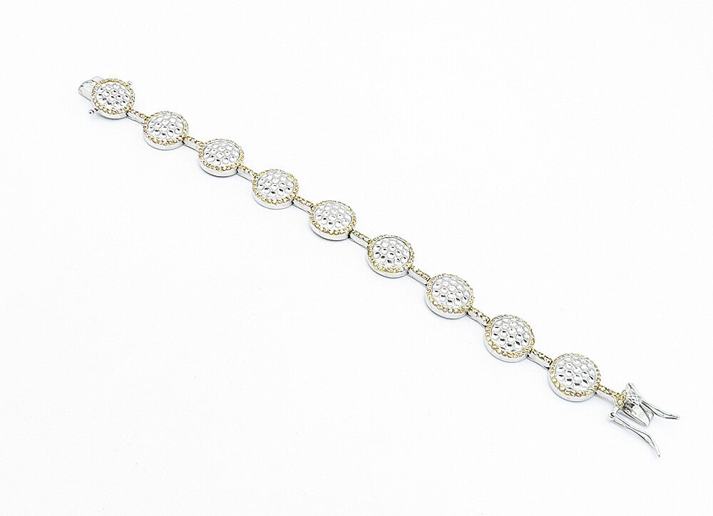 925 Sterling Silver Vintage Shiny Hammered Two Tone Chain Bracelet BT1779