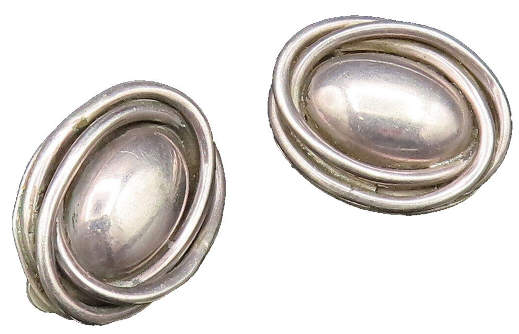 MEXICO 925 Silver  Vintage Wrapped Oval Bead Non Pierced Earrings  EG12098