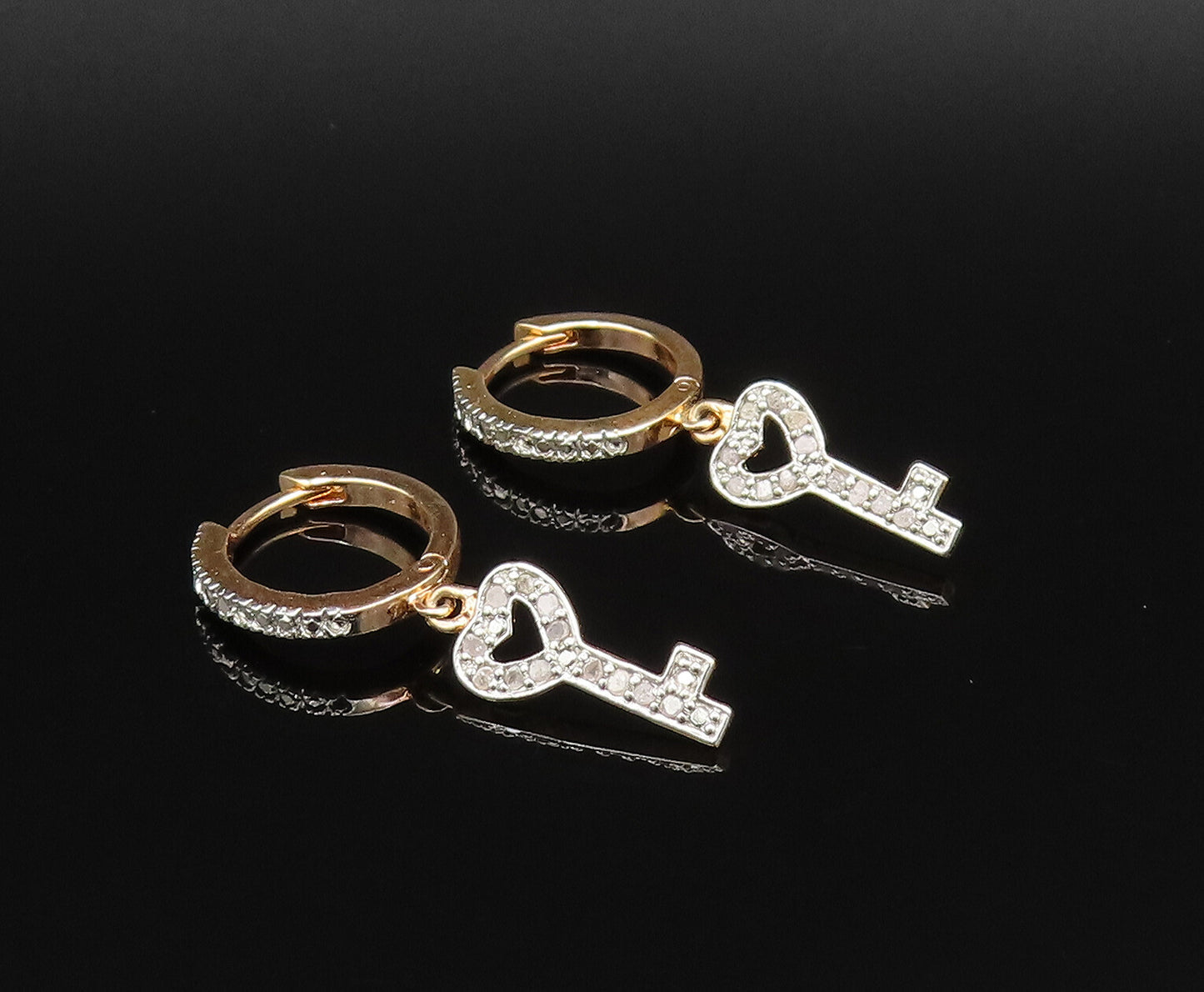 925 Silver  Vintage Gold Plated Genuine Diamonds Love Key Earrings  EG12071