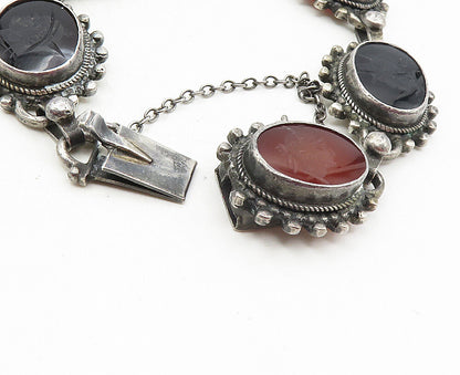 925 Sterling Silver  Vintage Black Onyx & Carnelian Chain Bracelet  BT4114