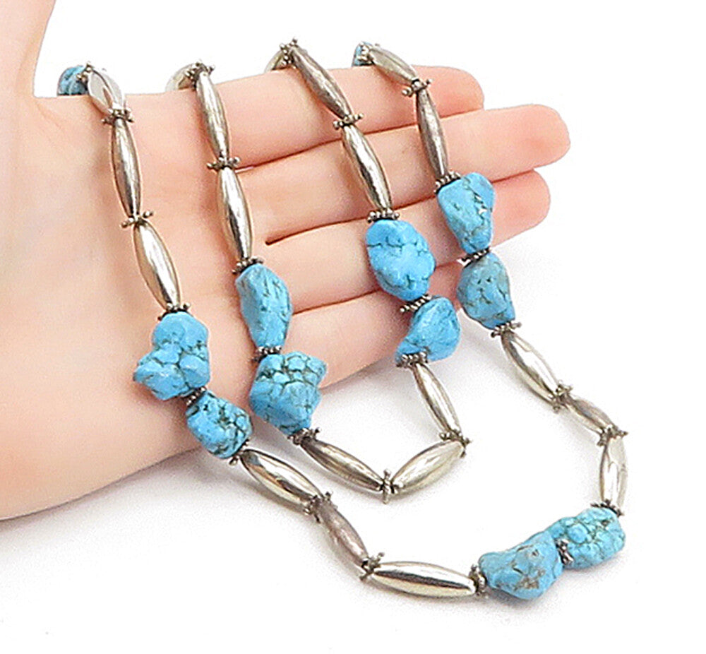 925 Sterling Silver  Vintage Rough Turquoise Barrel Bead Chain Necklace NE1040