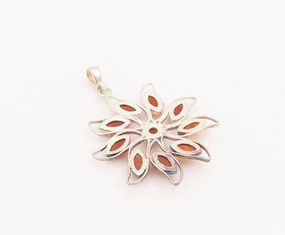 925 Sterling Silver Vintage Pendant Cutout Cabochon Amber Flower  PT23405