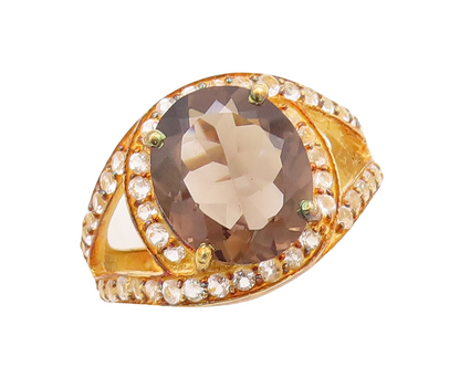 925 Sterling Silver Vintage Ring Gold Plated Smoky Quartz & Topaz  Sz 7  RG29373