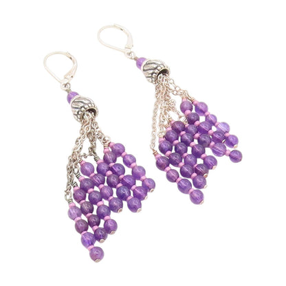 925 Sterling Silver Vintage Earrings Purple Beaded Chandelier Dangles  EG13910