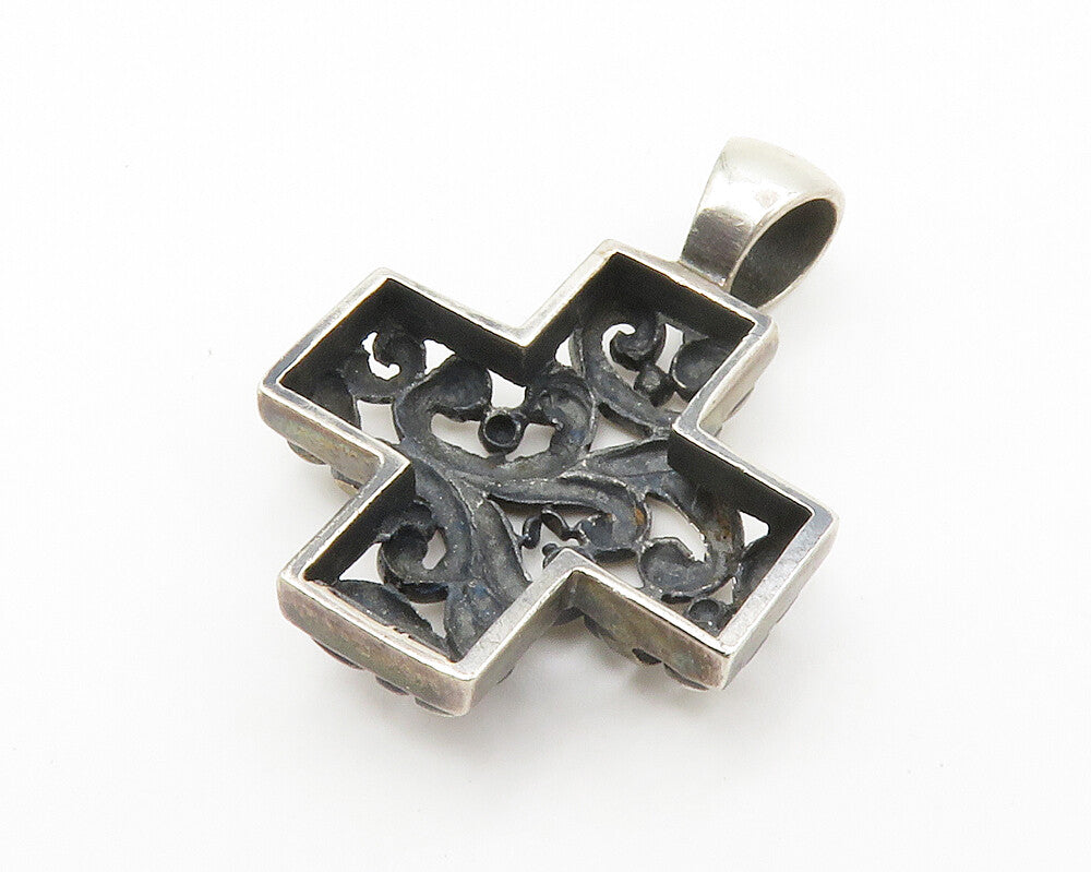 925 Sterling Silver  Vintage Open Swirl Cross Dark Tone Shiny Pendant  PT10932