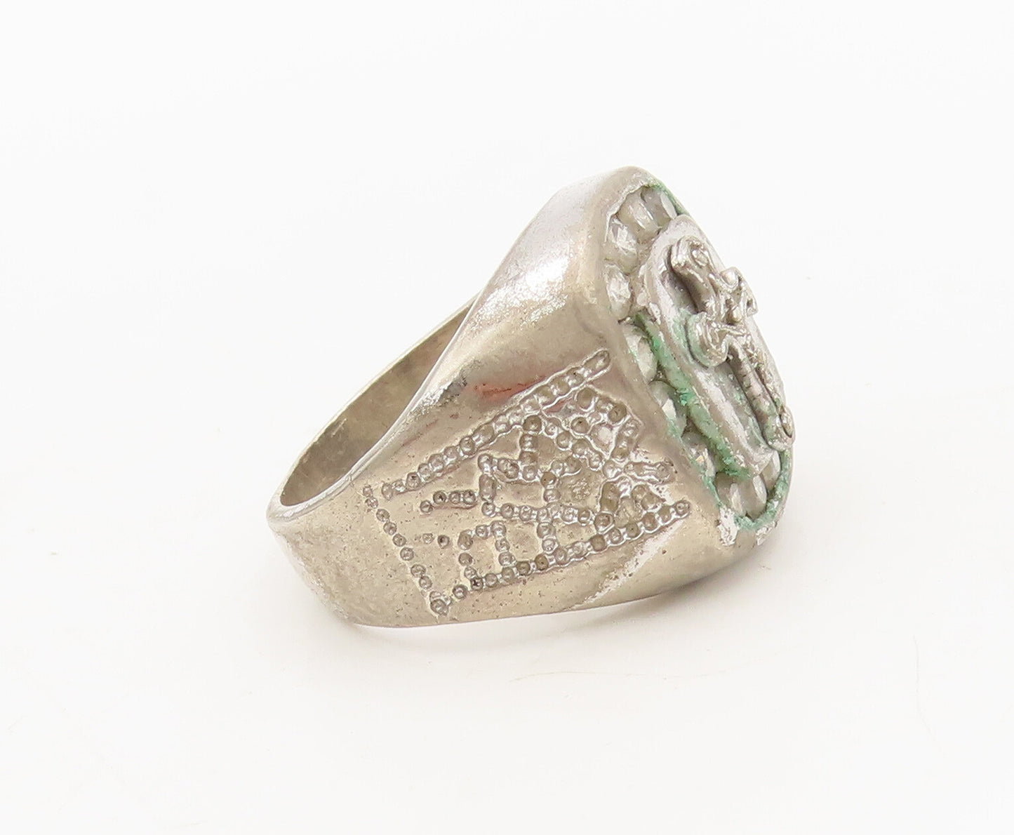 925 Silver  Vintage Carved Religious Cross Inlay CZ Solid Ring Sz 8  RG27079
