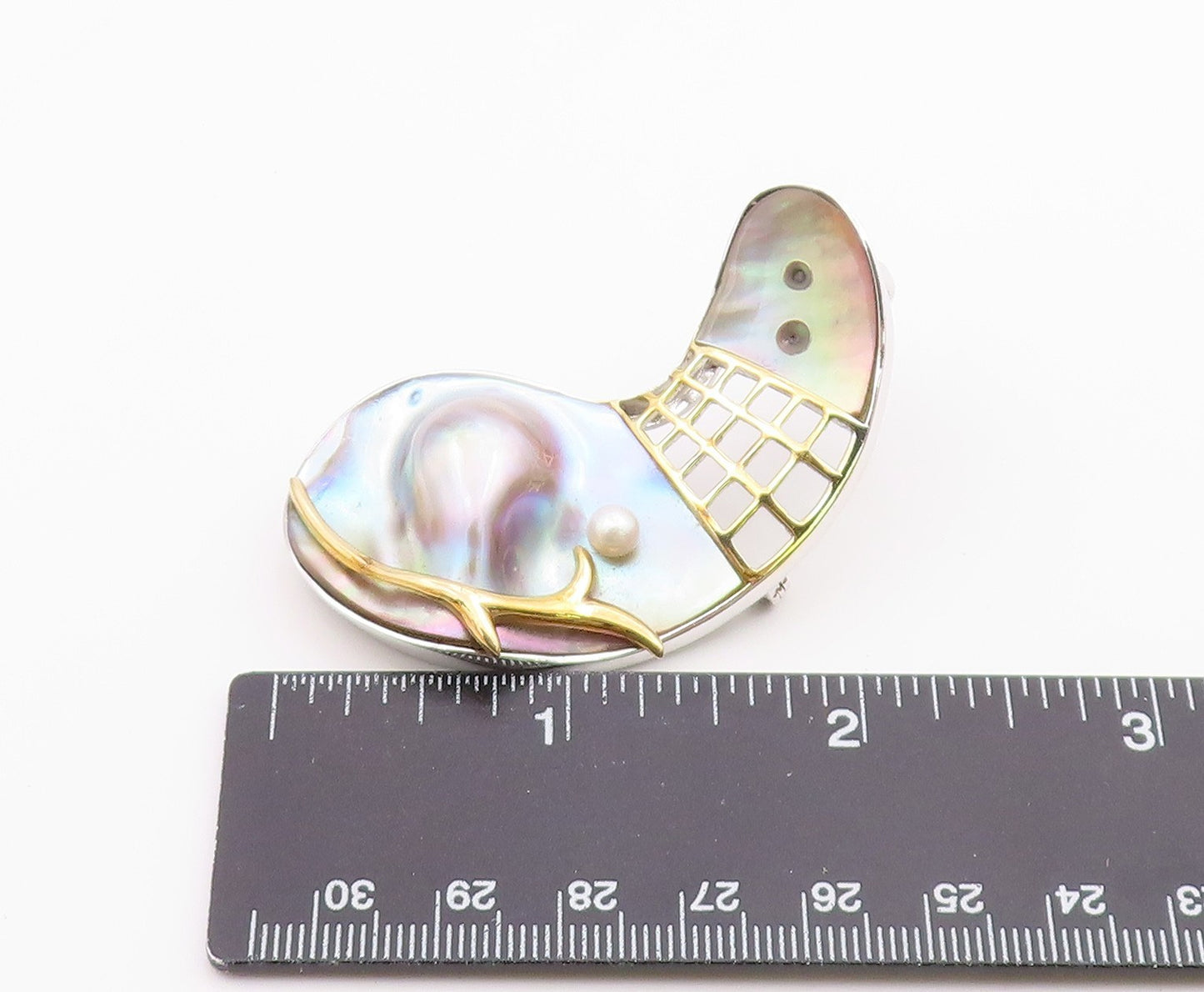 925 Silver  Vintage Two Tone Modernist MOP & Cultured Pearl Brooch Pin  BP9912
