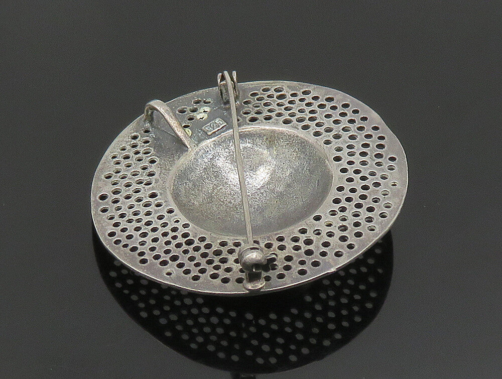 925 Sterling Silver  Vintage Ribbon Bead Ball Holes Cut Out Brooch Pin  BP9477