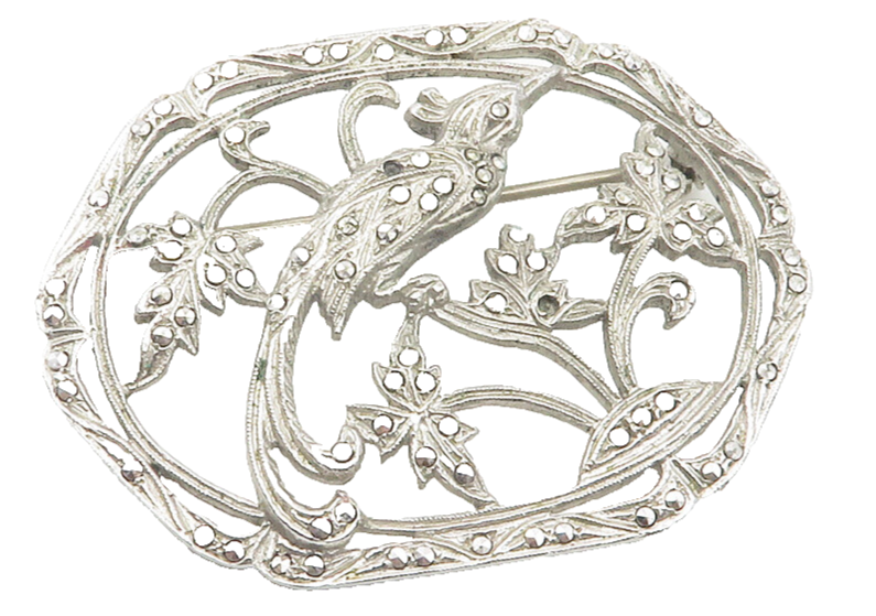 925 Sterling Silver  Vintage Sparkling Perched Bird Floral Brooch Pin  BP4379