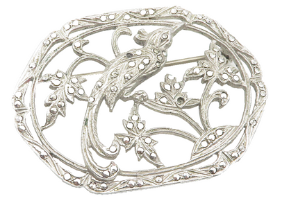 925 Sterling Silver  Vintage Sparkling Perched Bird Floral Brooch Pin  BP4379