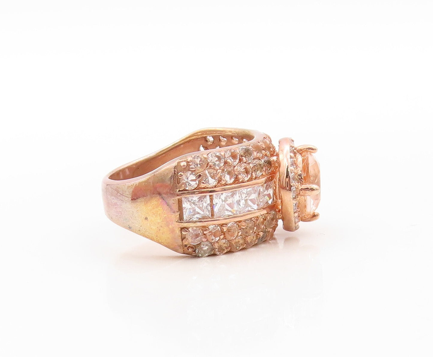 925 Sterling Silver Vintage Ring Rose Gold Plated CZ & Morganite Sz 7.5  RG30863