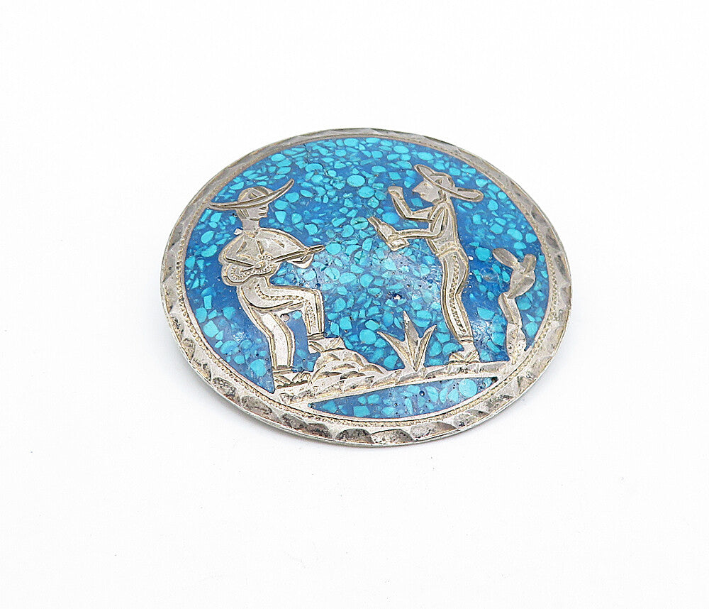 MEXICO 925 Silver  Vintage Turquoise Men Playing Music Brooch Pin  BP2613