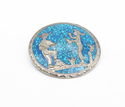 MEXICO 925 Silver  Vintage Turquoise Men Playing Music Brooch Pin  BP2613