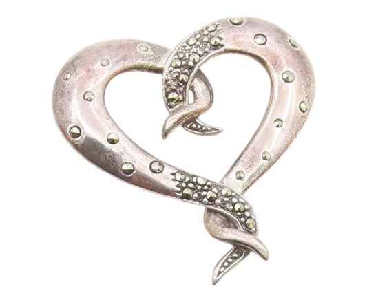 925 Sterling Silver  Vintage Sparkling Marcasite Love Heart Pendant  PT16268