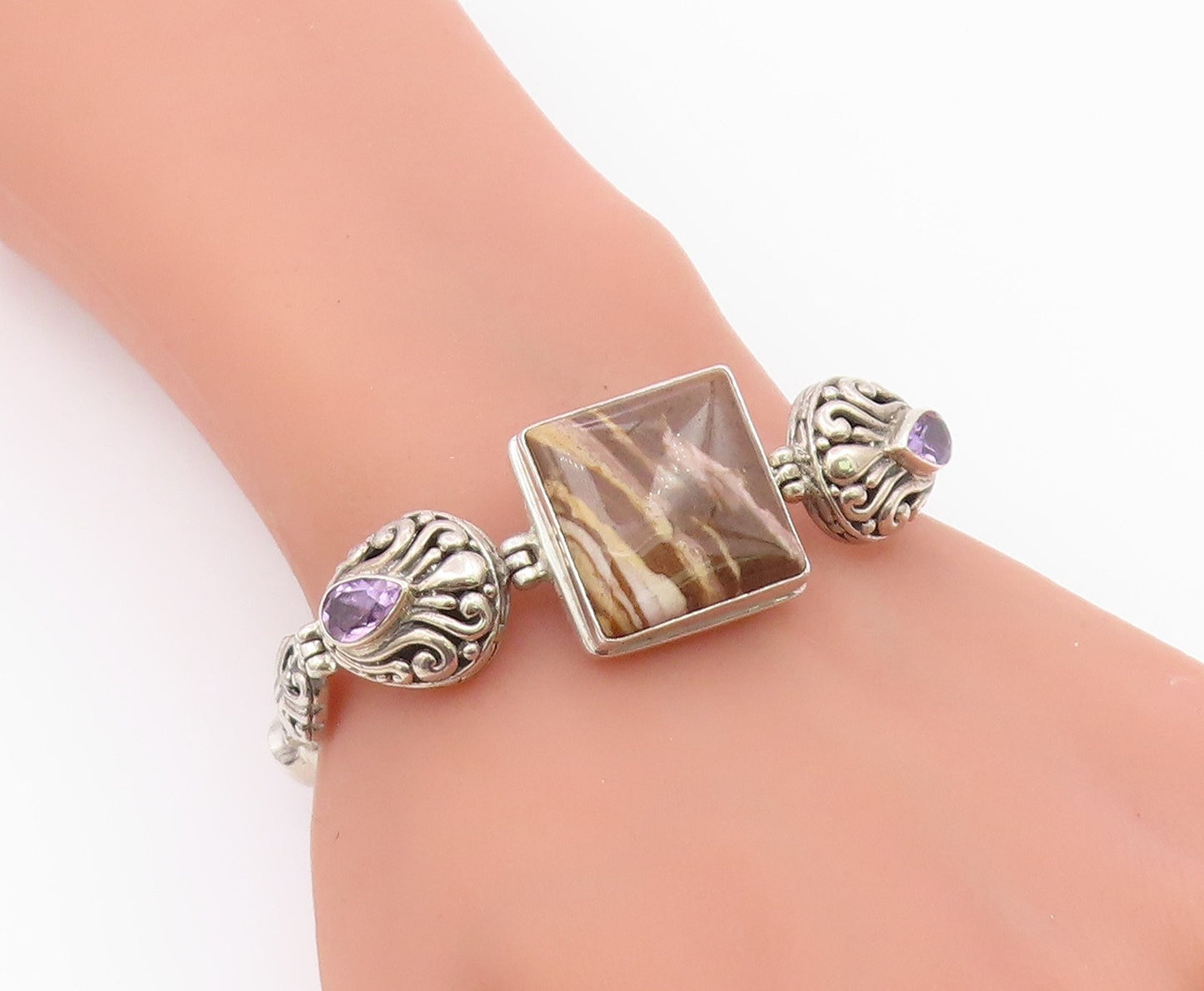 925 Sterling Silver  Vintage Brown Jasper & Amethyst Chain Bracelet  BT3896