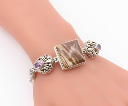 925 Sterling Silver  Vintage Brown Jasper & Amethyst Chain Bracelet  BT3896