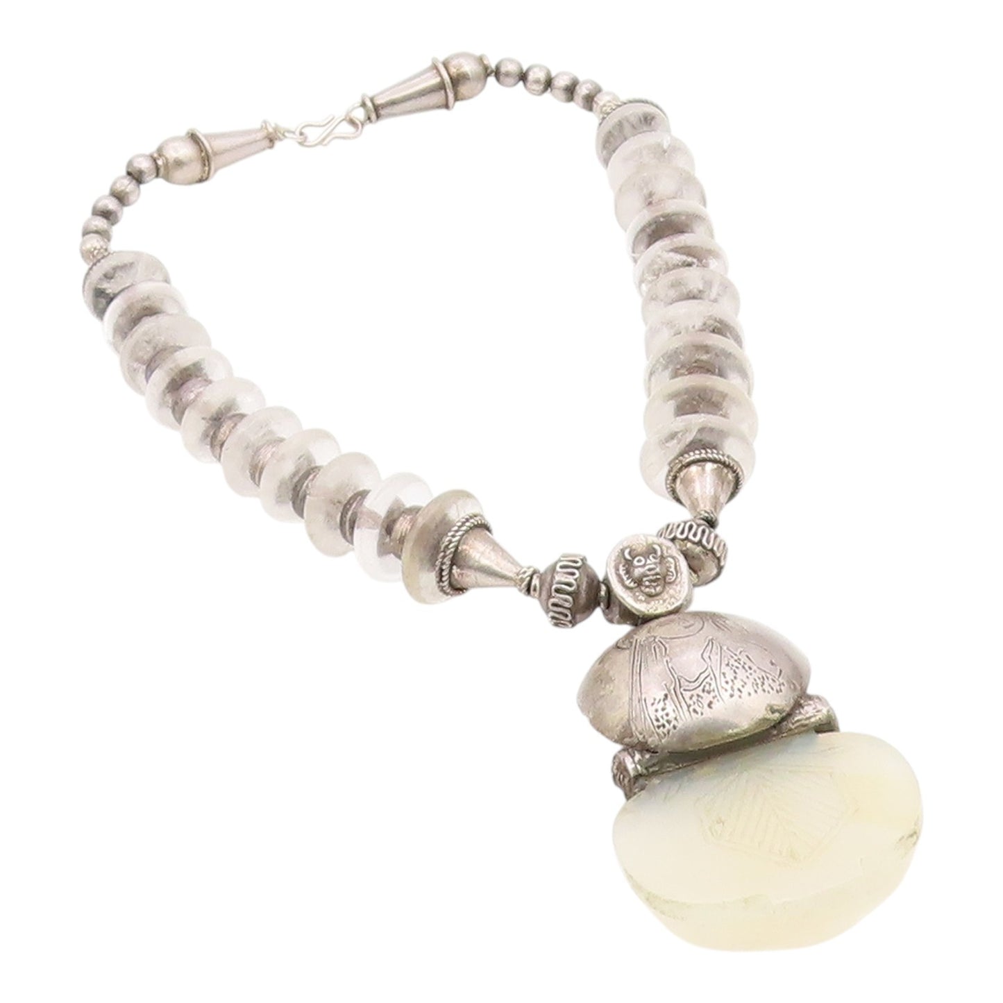 Vintage Silver Necklace Etched Goddess Glass & Bead Heavy Viking  NE3890