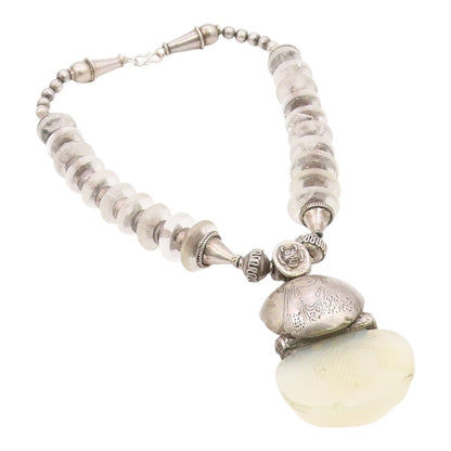 Vintage Silver Necklace Etched Goddess Glass & Bead Heavy Viking  NE3890