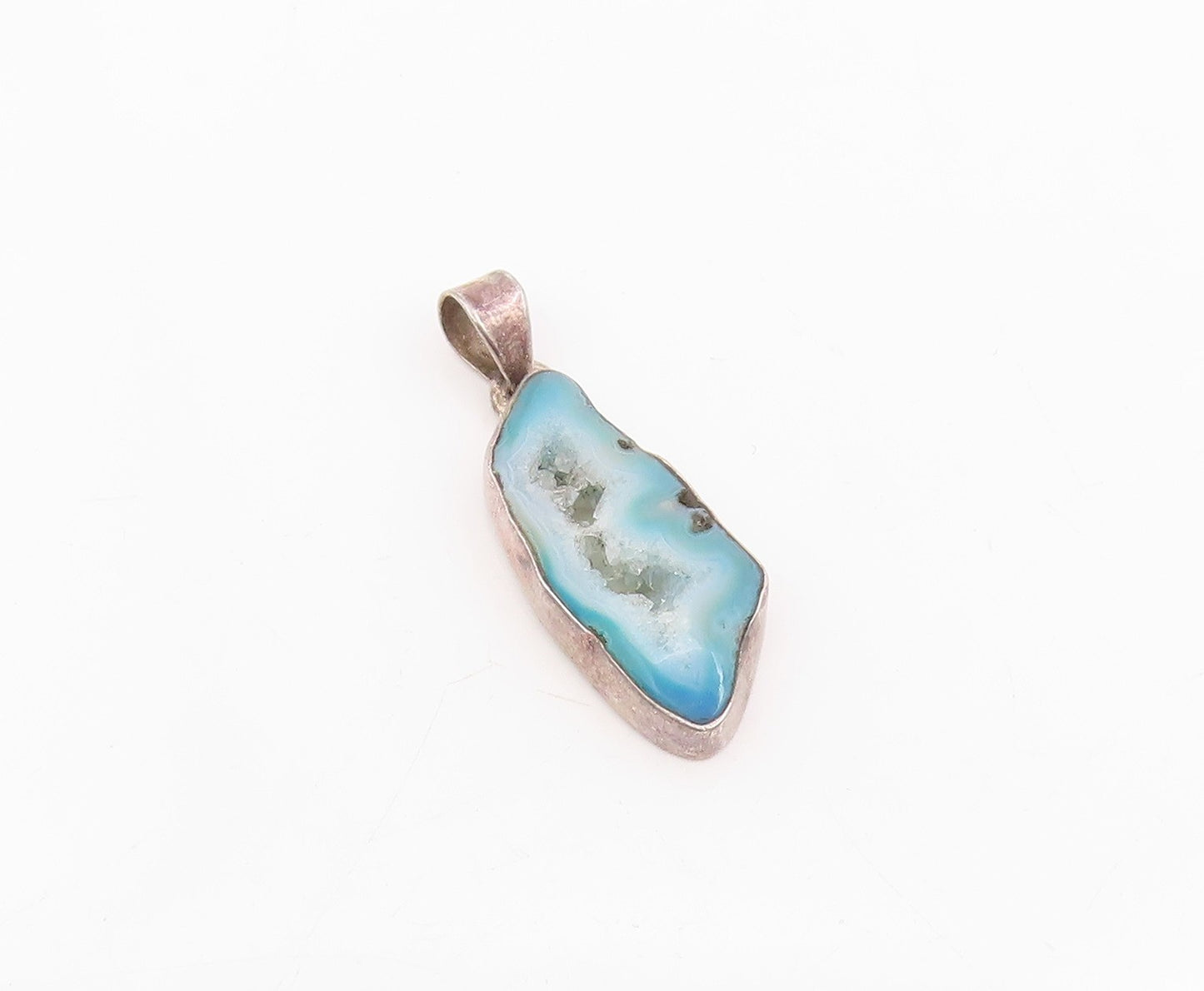925 Sterling Silver Vintage Pendant Modernist Blue Drusy Quartz Charm  PT25788