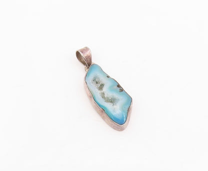 925 Sterling Silver Vintage Pendant Modernist Blue Drusy Quartz Charm  PT25788