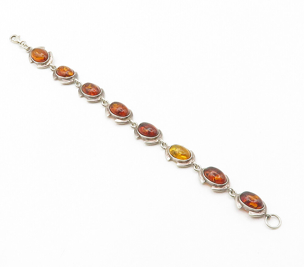 925 Sterling Silver  Vintage Cabochon Cut Amber Oval Chain Bracelet  BT5913
