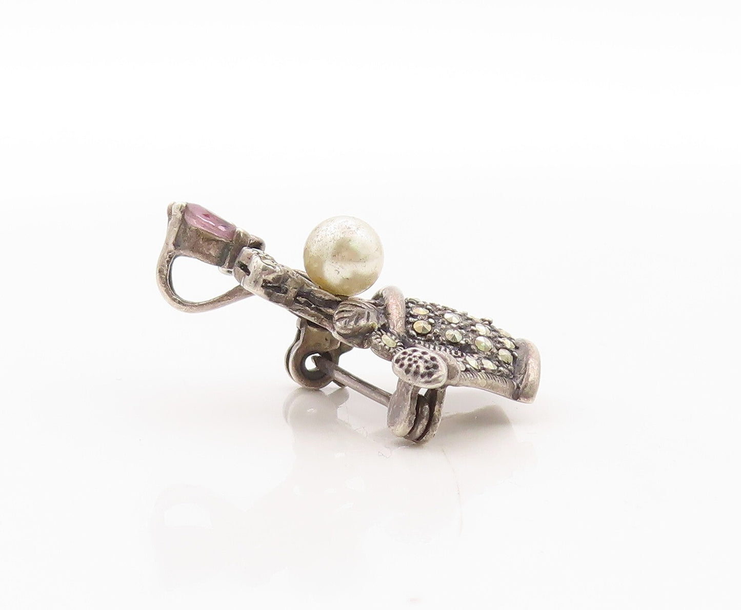 925 Sterling Silver Vintage Brooch Pin Pearl Topaz Flower Watering Jug  BP11274