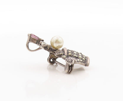 925 Sterling Silver Vintage Brooch Pin Pearl Topaz Flower Watering Jug  BP11274