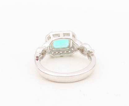 925 Sterling Silver Vintage Ring Rectangle Sea Green Halo White CZ  Sz 7 RG30447