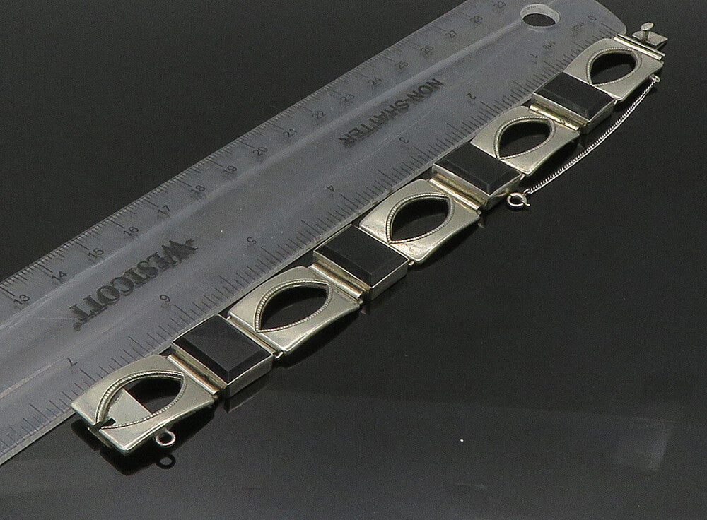 GERMANY 925 Silver  Vintage Black Onyx Square Hinge Chain Bracelet  BT9227