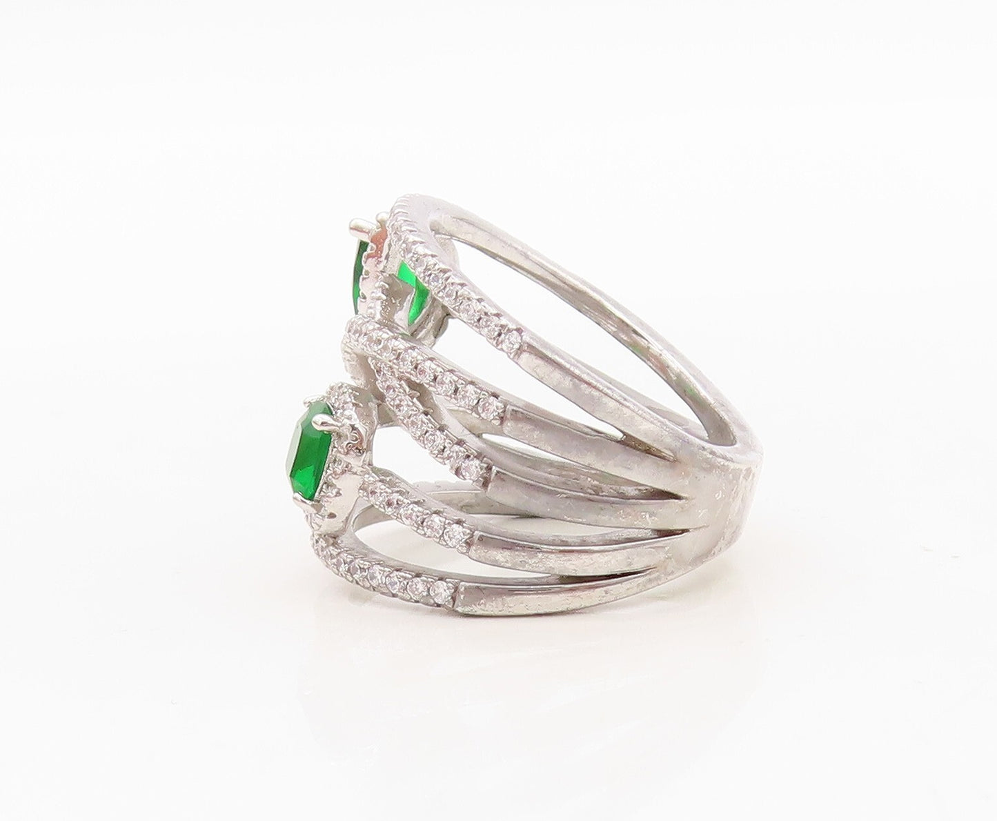 925 Sterling Silver Vintage Ring Cutout Band Green & White CZ Inlay Sz 7 RG30445