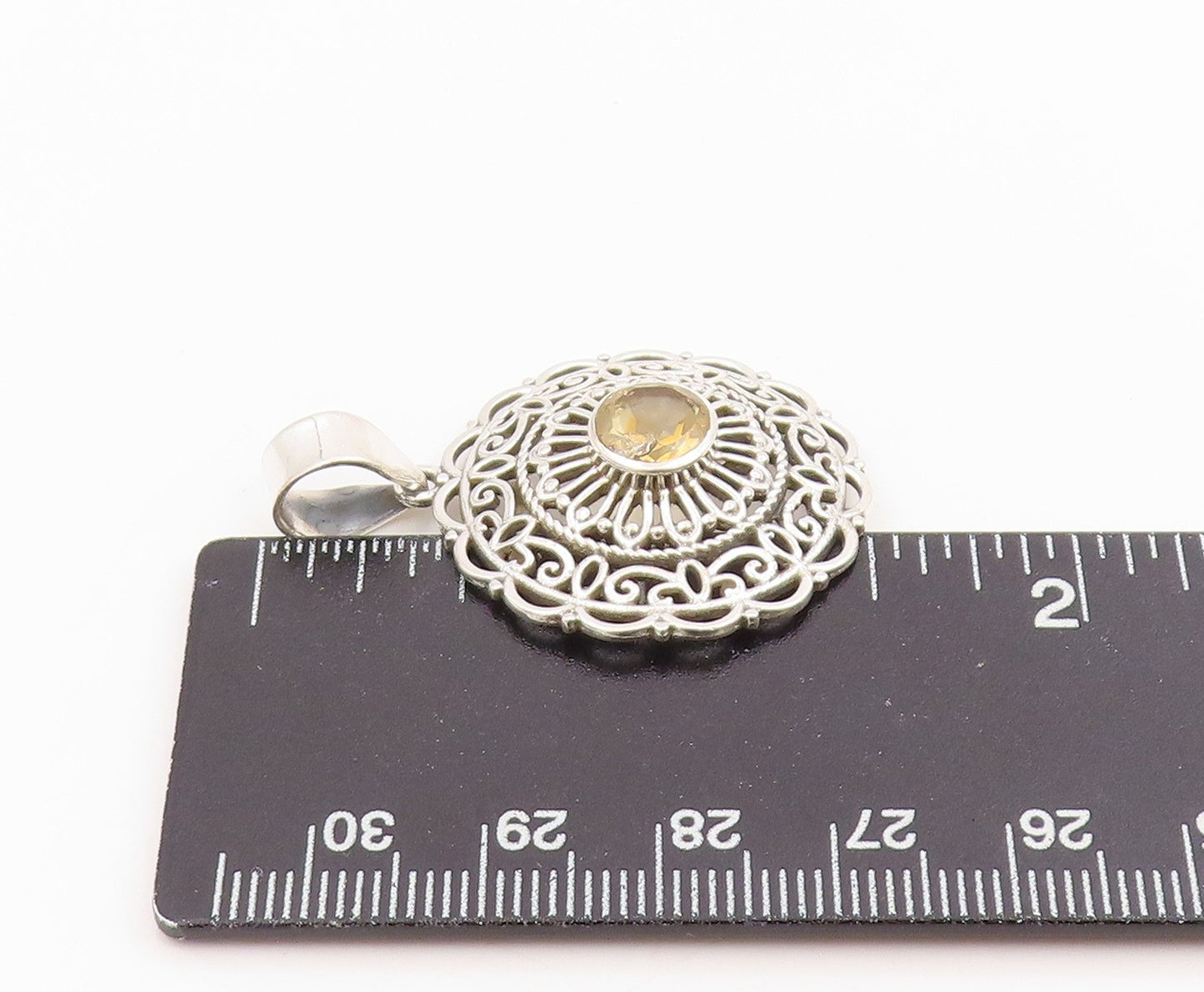 925 Sterling Silver Vintage Pendant Round Cut Citrine Openwork Charm  PT26240